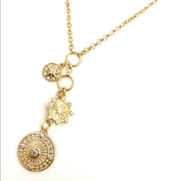 Multi Charm Necklace Rolo Chain Drop Lariat Compass North Star Burst Med… - Picture 3 of 5